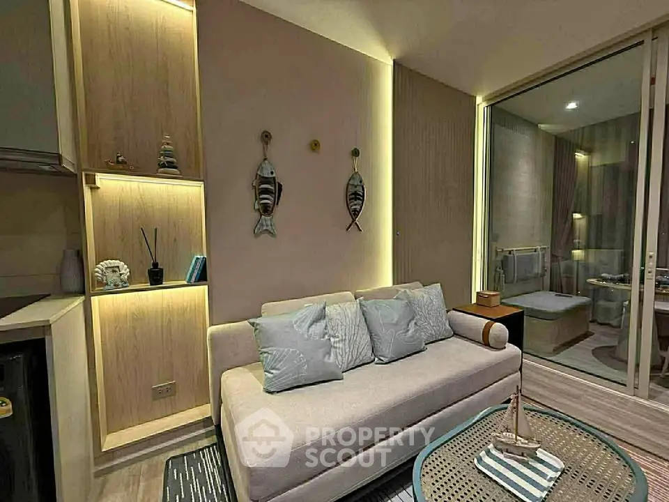 Modern living room with cozy sofa and stylish decor in a contemporary apartment