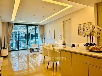 Luxurious modern living room with elegant decor and stunning city view from balcony.