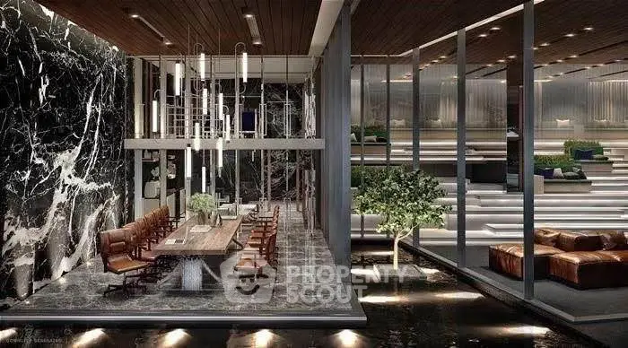 Luxurious modern dining area with marble accents and elegant lighting in upscale property.