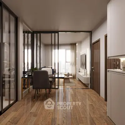 Modern open-plan living room with glass partition and wooden flooring