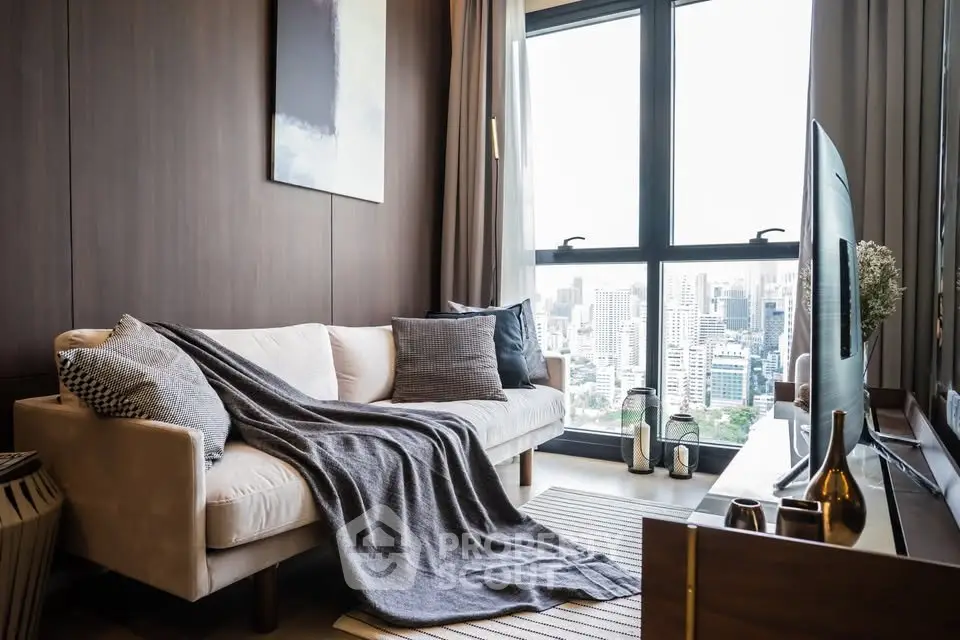 Stylish living room with city view, cozy sofa, and modern decor