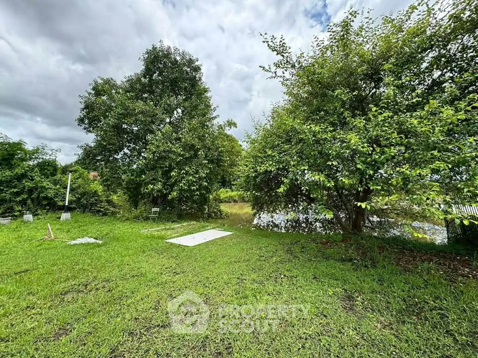 Spacious green garden with lush trees and serene pond view, perfect for nature lovers.