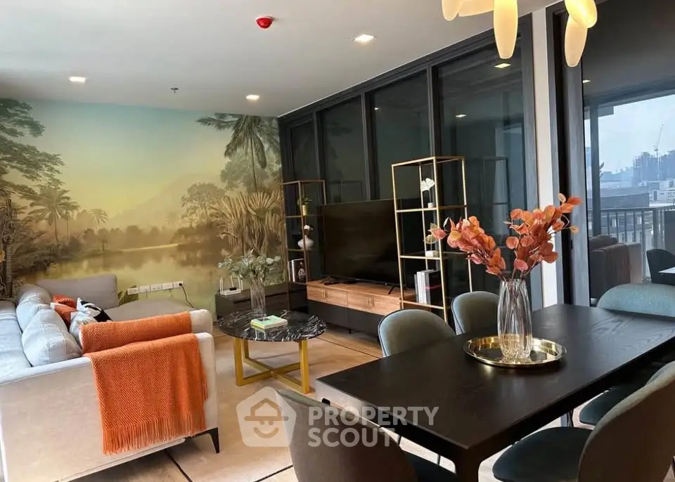 Luxurious living room with modern decor and stunning city view, perfect for urban living.