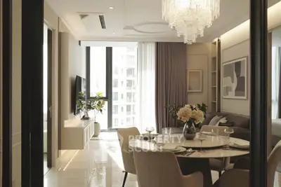Luxurious modern living room with elegant chandelier and stylish decor in high-rise apartment.