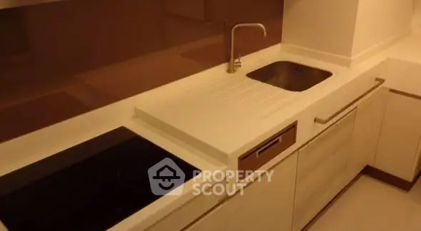 Modern kitchen with sleek white cabinetry and integrated appliances