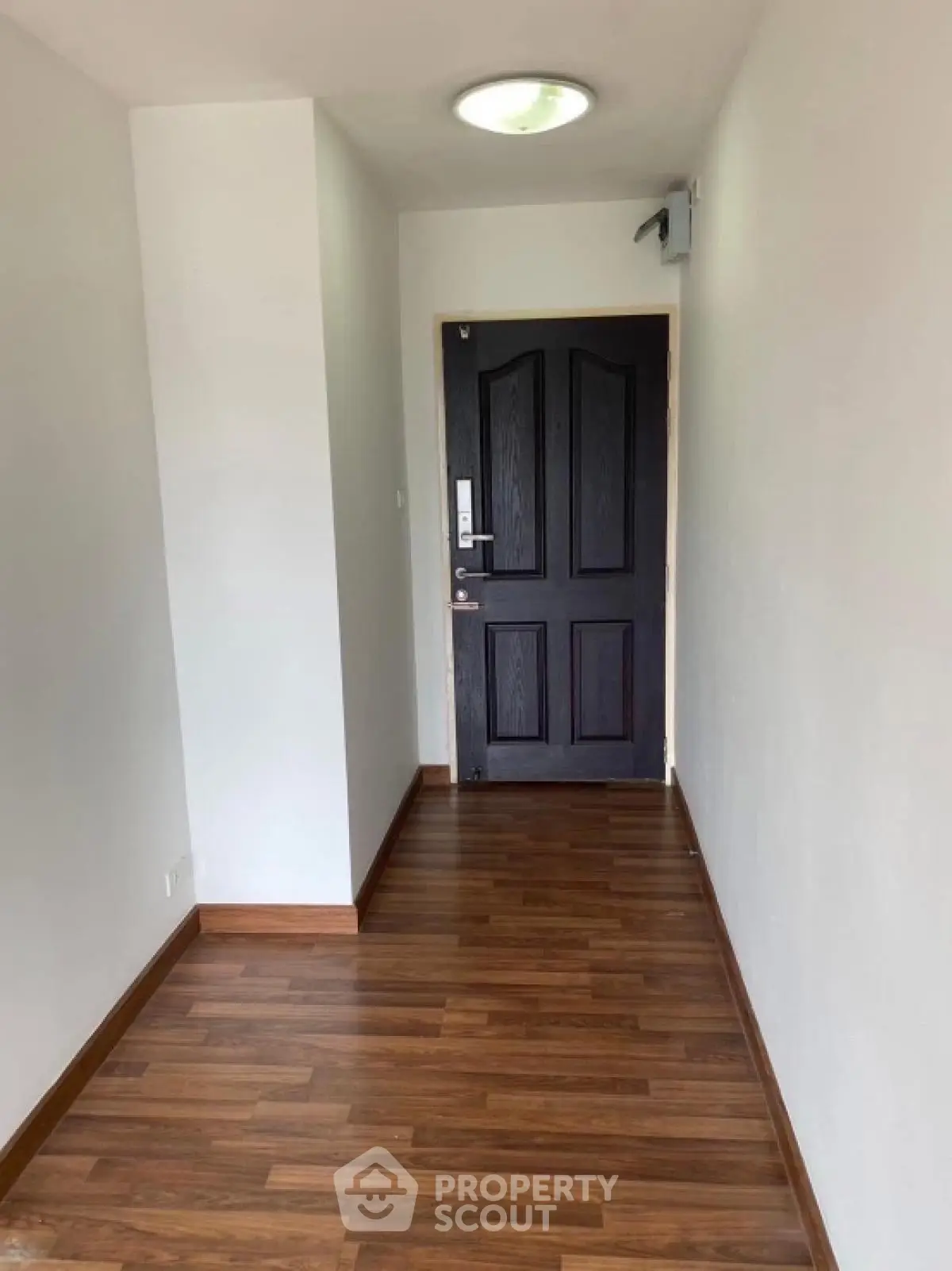 Modern apartment entrance with wooden flooring and sleek door design