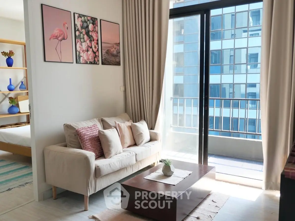 Modern living room with balcony view and stylish decor