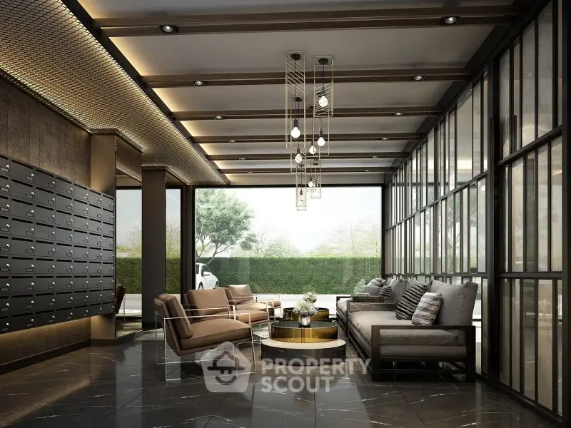 Luxurious modern lobby with elegant seating and floor-to-ceiling windows.