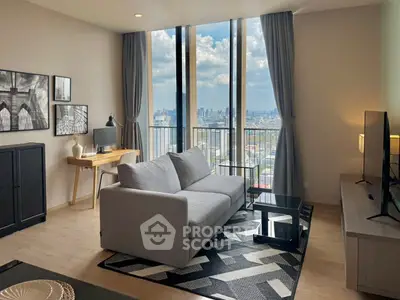 Modern living room with stunning city view and stylish decor