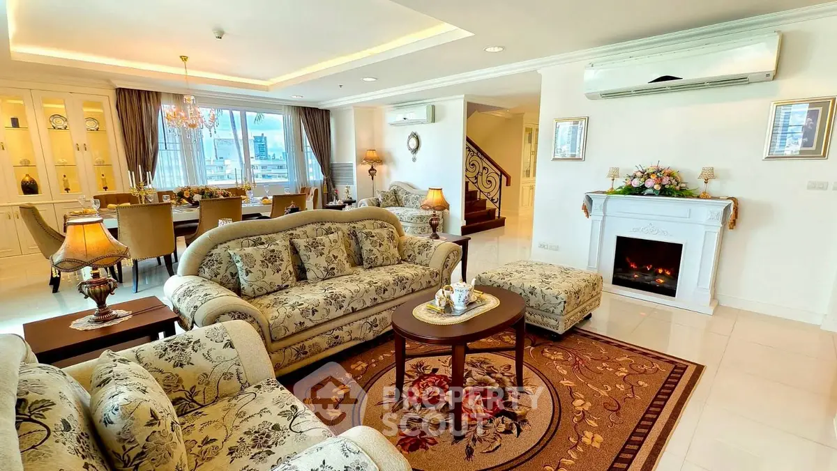 Luxurious living room with elegant decor and city view, featuring plush sofas and a stylish dining area.
