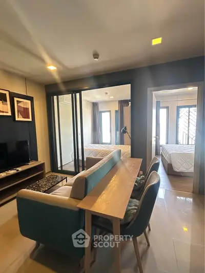 Modern living room with stylish furniture and natural light