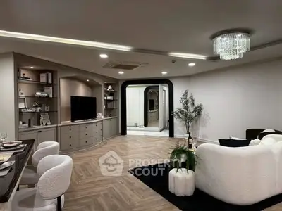 Luxurious modern living room with elegant decor and ambient lighting