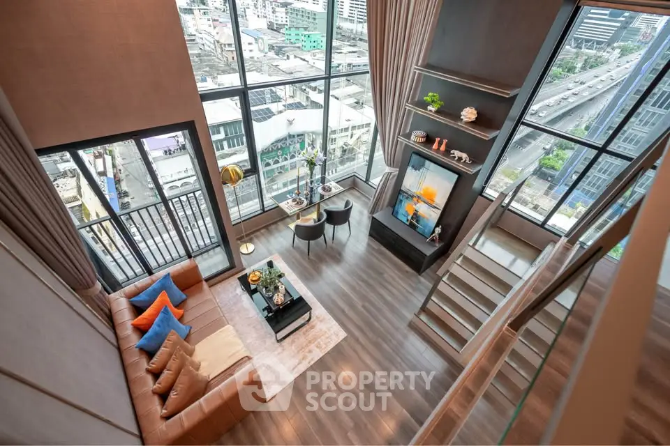 Luxurious high-rise living room with stunning city view and modern decor