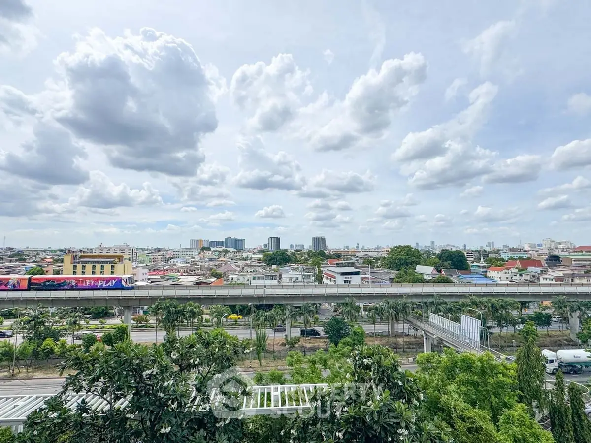 Stunning cityscape view with lush greenery and urban skyline, perfect for real estate investment.