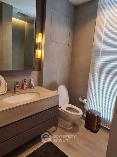 Modern bathroom with sleek design and contemporary fixtures.