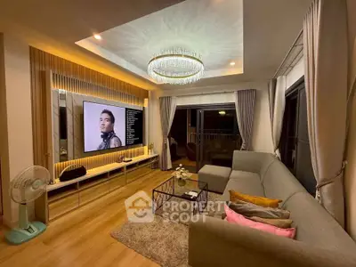 Luxurious living room with elegant chandelier and modern decor