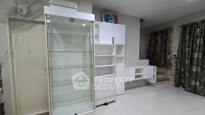 Modern living room with sleek white shelving and glass display cabinet