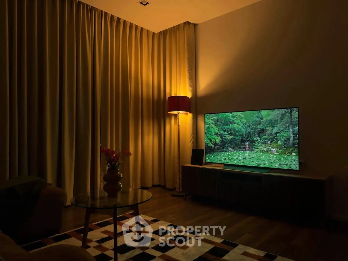 Cozy living room with ambient lighting and modern TV setup
