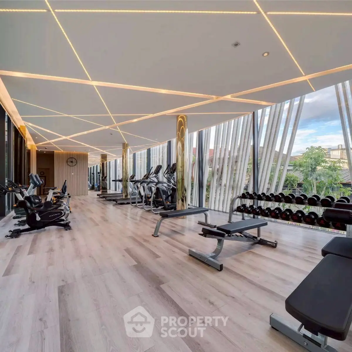 Luxurious modern gym with state-of-the-art equipment and panoramic views.
