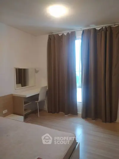 Modern bedroom with stylish curtains and cozy ambiance