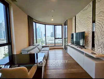 Modern living room with panoramic city views and stylish decor