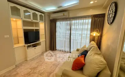 Cozy living room with modern decor and large window in urban apartment