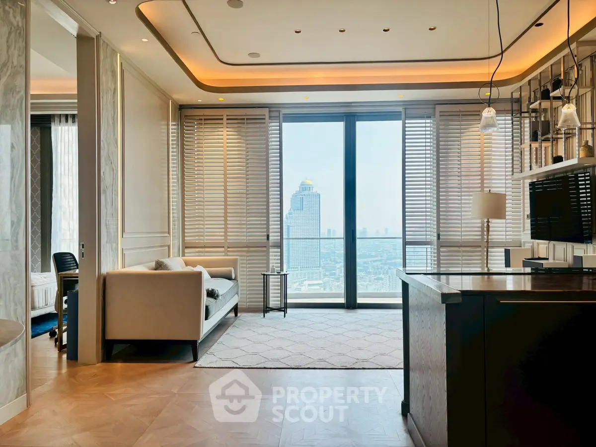 Luxurious living room with stunning city view and modern interior design