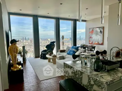 Luxurious living room with panoramic city view and modern decor