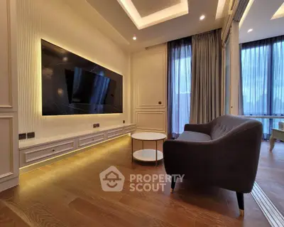 Luxurious modern living room with sleek design and ambient lighting