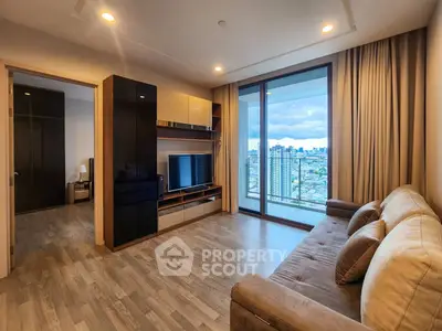 Modern living room with city view and stylish decor