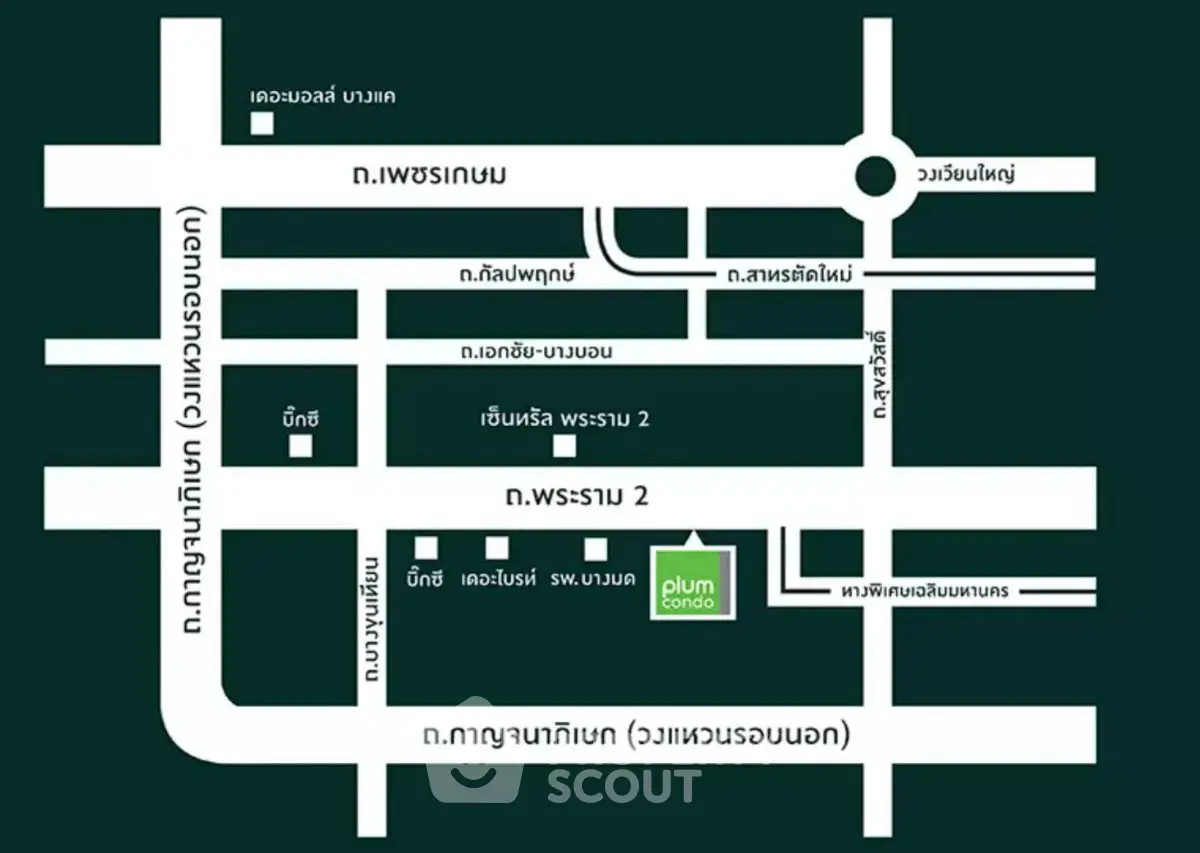 Map showing location of Plum Condo in Bangkok with nearby streets and landmarks.