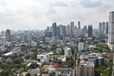 Stunning cityscape view showcasing a vibrant urban skyline with high-rise buildings and lush greenery.