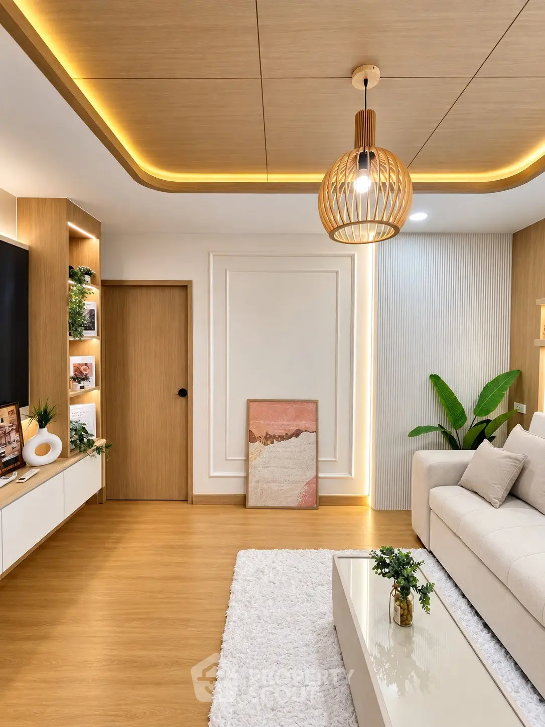 Modern living room with elegant lighting, wooden accents, and cozy decor.