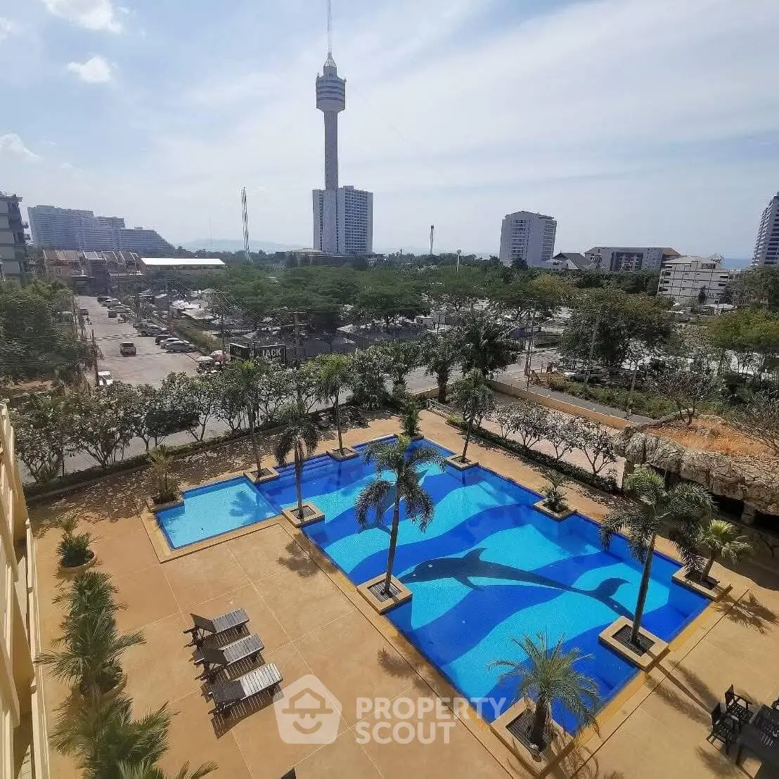 Stunning aerial view of a luxurious pool with cityscape backdrop, perfect for urban living.