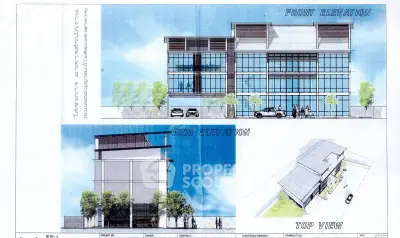 Architectural blueprint showcasing front, side, and top elevations of a modern commercial building.