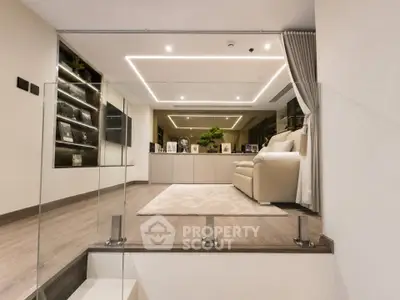 Luxurious modern living room with elegant lighting and stylish decor