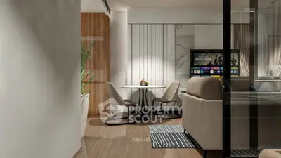 Modern living room with stylish furniture and open layout, featuring a cozy dining area and sleek decor.