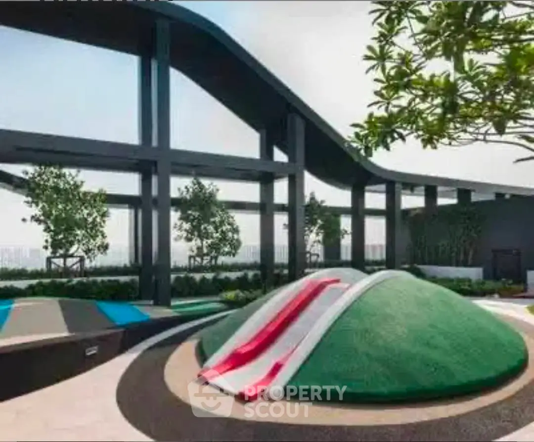 Modern rooftop garden with unique play area and lush greenery