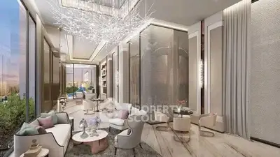 Luxurious modern living room with elegant decor and stunning chandelier in high-rise apartment.