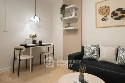 Cozy modern living room with stylish decor and dining area