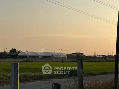 Scenic view of rural landscape with green fields and distant buildings at sunset.