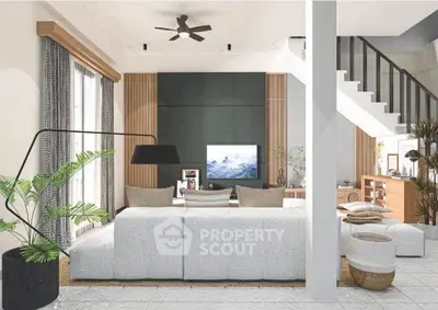 Spacious modern living room with stylish decor and natural light, featuring a cozy seating area and elegant staircase.