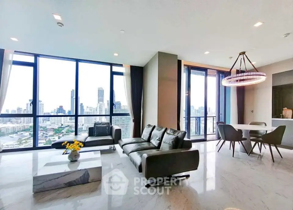 Luxurious modern living room with stunning city view and elegant furnishings