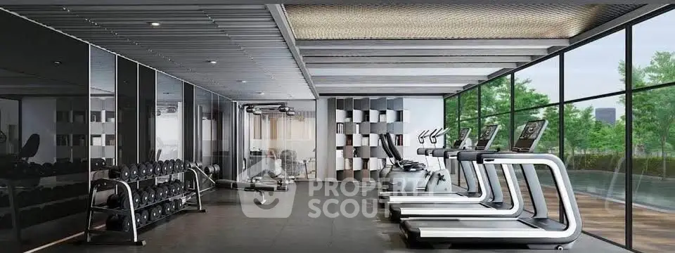 Luxurious modern gym with state-of-the-art equipment and panoramic windows in upscale residential building.