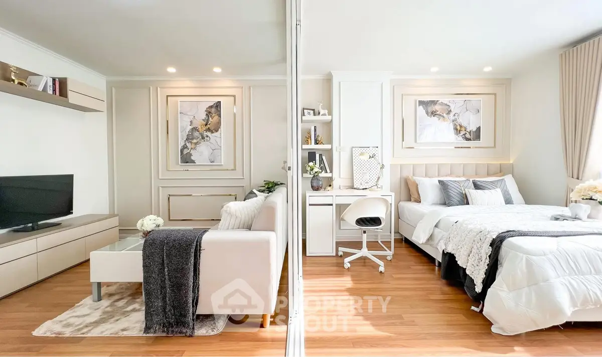 Modern studio apartment with stylish living area and cozy bedroom, featuring elegant decor and natural light.