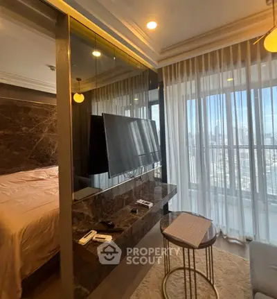 Luxurious bedroom with city view and modern decor