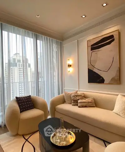 Luxurious modern living room with elegant furniture and city view