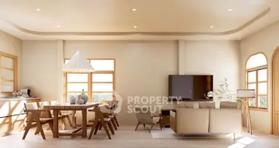 Spacious modern living room with elegant dining area and natural light