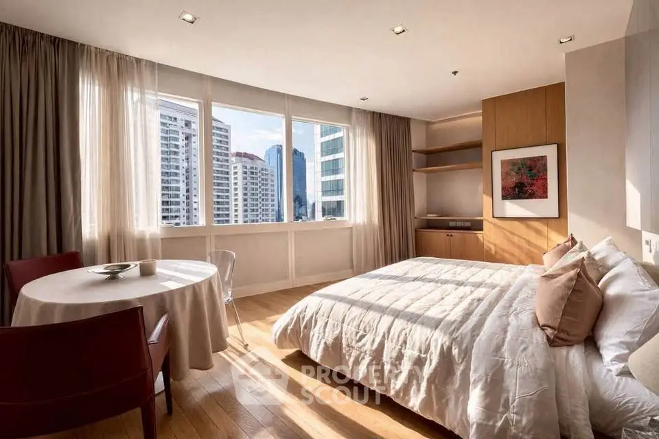 Luxurious bedroom with city view, elegant decor, and natural light in prime urban location.
