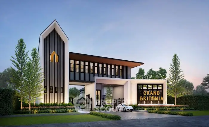 Luxurious modern building facade of Grand Britannia with sleek design and lush landscaping.